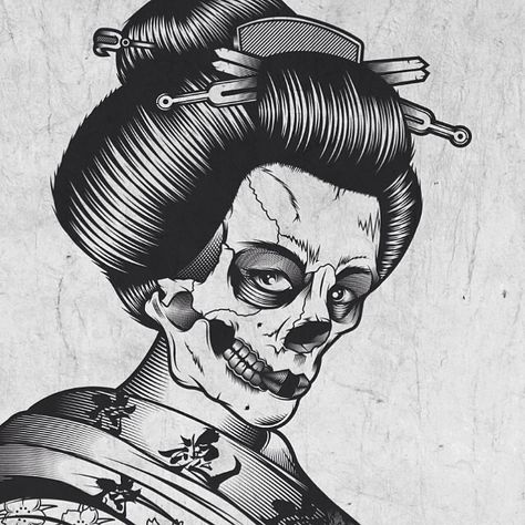 Geisha skull Geisha Skull Tattoo, Geisha Tattoo, Skeletal, Tattoo Stencils, Skull And Bones, Urban Art, Drawing Reference, Skull Tattoo, Cool Tattoos