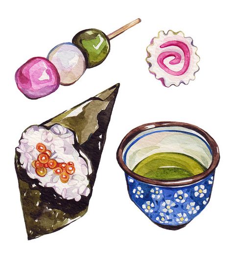 Laura Manfre Hanami Dango, Japanese Food Illustration, Watercolor Food Illustration, Matcha Dessert, Matcha Cookies, Matcha Smoothie, Best Green Tea, Food Sketch, Japanese Drawings