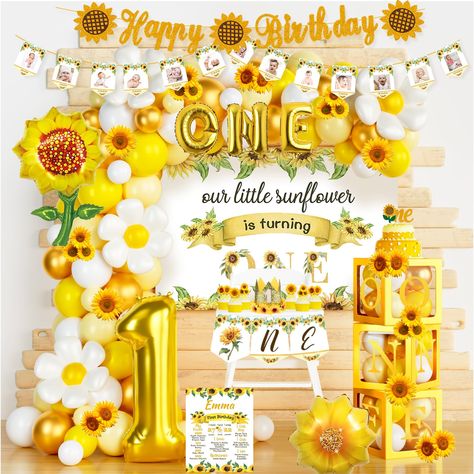 PRICES MAY VARY. 🌻 MEMORABLE SUNFLOWER PARTY – Your little sunshine is turning one. A sunflower birthday party is a great idea to celebrate this important milestone for your kid. The bright color scheme with the sweet sunflower patterns in this kit are perfectly fit for this theme. This sunflower themed birthday party must be the most precious memory to mark this time. 🌻 SUNFLOWER FIRST BIRTHDAY DECORATIONS INCLUDES - 60 x 12’’ latex balloons | 30 x 5’’ latex balloons | 10 x foil balloons | 1 Sunflower First Birthday Girl, Little Sunshine First Birthday, Sunflower 1st Birthday, Backdrop Balloon Garland, Sunflower Decorations, Sunflower Birthday Parties, Backdrop Balloon, Sunshine First Birthday, Sunflower Birthday