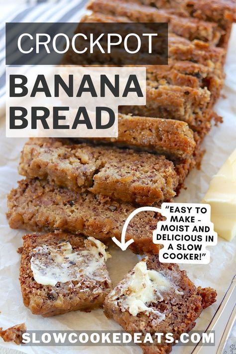 This Banana bread in a crockpot is really delicious and moist - you'll love the freshness of the bananas and sour cream balanced with the nuttiness of the walnuts. It's a great way to use up those brown bananas - and it's easy to make in a slow cooker! Bonus: this banana bread recipe is going to fill your house with the most amazing smell! Banana Bread Recipe Crockpot, Crock Pot Banana Bread Easy, Banana Bread In Crockpot, Banana Crockpot Recipes, Banana Bread Crockpot Recipe, Crockpot Banana Recipes, Crockpot Banana Bread Easy, Crock Pot Banana Bread, Crockpot Brunch