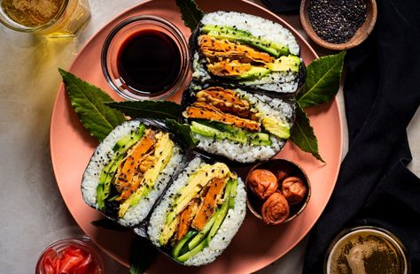 Tempura Recipes, Sweet Potato Tempura, Rice Sandwich, Avocado And Cucumber, Tempura Recipe, Tempura Batter, Sushi Sandwich, Seasoned Rice, Sushi Rice