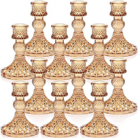 PRICES MAY VARY. ❤️Candlestick Holders Set❤️ -- Universal Taper Size: Top inner diameter 0.78'', bottom diameter is 3.15''x 4''H. They fit most standard taper candles, chime candles and flameless LED candles. [NOTE]You wanna candles stands straight? Melt the bottoms of the candlesticks into the holder and hold it in place for 10sec! ❤️Taper Candle Holders❤️ -- Wedding Table Decor: DARJEN taper candle holders are perfect for wedding table centerpieces. They reflect the candle light gorgeously to Taper Candle Holders Wedding, Amber Decor, Windowsill Decor, Square Candle Holders, Clear Candle Holders, Window Sill Decor, Clear Glass Candle Holders, Clear Candles, Gold Candle Sticks