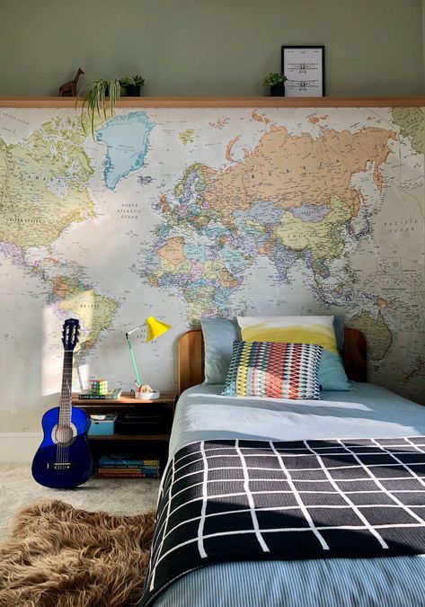 Teenage Bedroom Decorations, Explorer Bedroom, Map Bedroom, Boys Bedroom Wallpaper, World Map Mural, Map Wall Mural, Map Murals, World Map Wallpaper, Teen Boy Bedroom