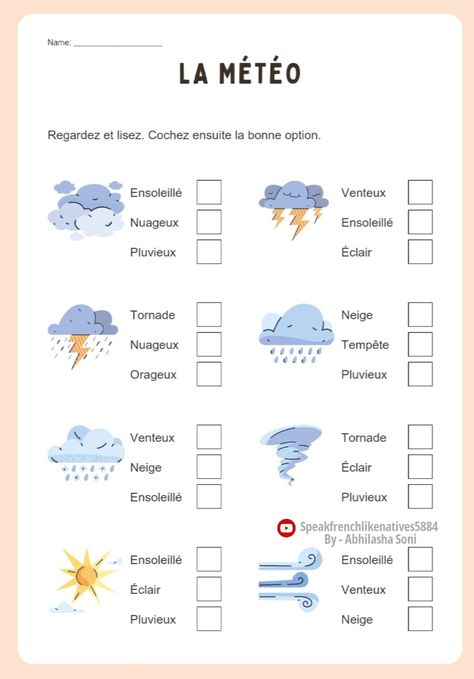 French Weather Worksheets, French Worksheets For Beginners Free, French Begginers Worksheet, French Worksheets For Kids, Weather In French, French Lessons For Beginners, Summer Learning Activities, French Articles, Seasons Worksheets