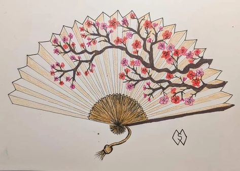 Cherry Blossom Fan Tattoo, Japanese Fan Tattoo, Spring Cherry Blossoms, Wrap Tattoo, Cherry Blossom Painting, Fan Tattoo, Fan Drawing, Bear Tattoo, Coloring Ideas