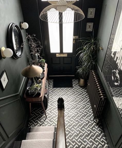 19 Dado Rail Hallway Ideas That Are On-trend For 2023 19 Black And White Maximalist, Maximalist Hallway, Dado Rail Ideas, Dado Rail Hallway, Moody Entryway, Nautical Room Decor, Black Hallway, Green Hallway Ideas, Hallway Colours