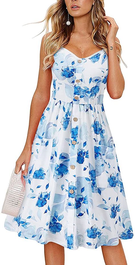 Sundresses For Women, Vintage Sundress, Mode Prints, White And Blue Flowers, High Low Maxi Dress, Sun Dresses, Sleeveless Dress Summer, Suspender Dress, Hangzhou