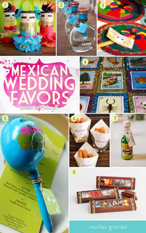 #cincodemayo #cincodemayoparty #cincodemayoideas #mexicanbirthdayideas Favor Ideas for a Mexican-themed Wedding Such as Maracas, Hot Sauce, Chocolate Bars, Fans, Loteria Card Matchboxes, and Tequila Bottles. Fiesta Theme Wedding Receptions, Mexican Favors, Mexican Wedding Favors, Mexican Party Favors, Mexican Inspired Wedding, Mexican Themed Weddings, Bottles Diy, Colorful Decorations, Tequila Bottle