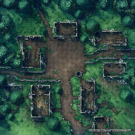 Ruined Village Battle Map - Launch | Afternoon Maps on Patreon Ruins Drawing, Ruined Village, Forest Map, Fantasy City Map, Village Map, Abandoned Town, Dnd World Map, Building Map, Battle Map