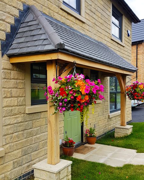 Door On Side Of House Entrance, Wooden Front Door Canopy, Front Porch Roof Ideas, Wooden Porch Canopy, Lean To Porch, Oak Lean To Porch, Oak Front Door Canopy, Oak Framed Porch Entrance, Wimpey Homes