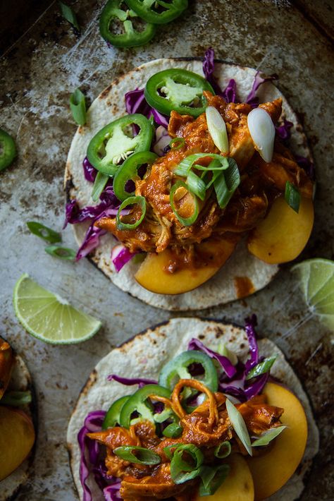 Peach Chipotle Chicken Tacos - Heather Christo Heather Cristo, Chipotle Chicken Tacos, Gourmet Tacos, Taco Time, Fish Taco, Tacos And Burritos, Summer Meal, Chipotle Chicken, Allergy Free Recipes