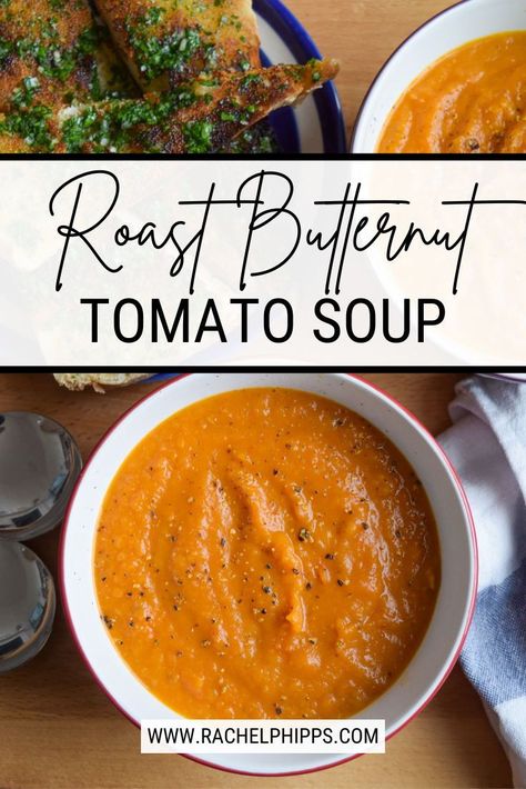 This delicious, autumnal slow roasted tomato and butternut squash soup is served with homemade garlic bread shards for dunking. Tomato Squash Soup, Easy Homemade Garlic Bread, Best Lunch Recipes, Butternut Soup, Slow Roasted Tomatoes, Honey Garlic Salmon, Homemade Garlic Bread, Squash Soup Recipe, Tomato Bisque