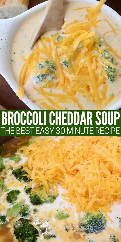 Dip into a warm bowl of comforting Broccoli Cheddar Soup in no time with this easy 30 minute recipe! If you love Panera's version of this soup, then you're really going to love this recipe, because it's even better than the restaurant favorite. This soup is creamy, cheesy and so delicious. It's a comfort food meal that the entire family will love! 30 Minute Broccoli Cheddar Soup, Simple Broccoli Cheddar Soup, Broccoli Cheddar Soup Stove Top, Cream Broccoli Soup Recipe, Copycat Broccoli Cheddar Soup Panera, Brocolli Cheddar Soup Recipes, Easy Cheddar Broccoli Soup, Brócoli Cheddar Soup, Broccoli Rice Soup