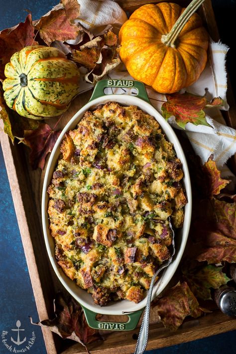 Cornbread and Sourdough Stuffing with Sausage, Red Onion and Fresh Herbs Stuffing With Sausage, Sourdough Stuffing, Sunday Roast Chicken, Cornbread Stuffing Recipes, Sausage Stuffing Recipe, Pumpkin Cornbread, Fresh Herb Recipes, Roast Chicken Dinner, Cornbread Stuffing