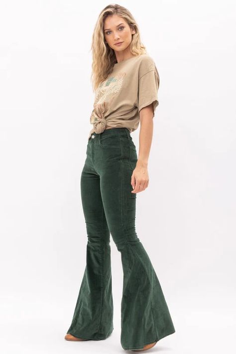 Bellbottom Jean Outfits, Bell Sleeve Outfit, Bellbottom Jean, Corduroy Bell Bottoms, Flare Outfit, Bell Bottom Jeans Outfit, Red Bean, Green Corduroy, Satin Lingerie