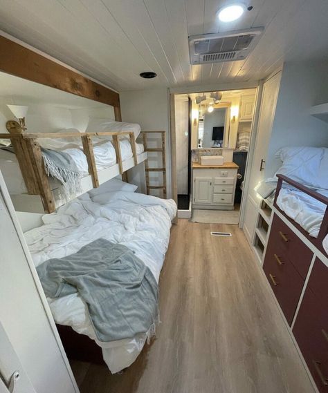 Rv With Bunk Beds, Camper Bunk Bed Ideas, Camper Bunk Beds, Rv Bunk Beds, Bed Placement, Rv Inspiration, Custom Bunk Beds, Queen Bunk Beds, Rv Bedroom