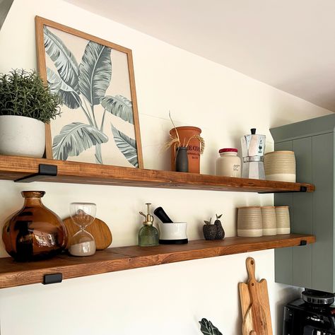 Kitchen pots, coffee mugs, bathroom towels, entryway storage, living room magazines and candles, office organisation – our shelves can handle it all. Each one is handmade to order and fitted with heavy-duty steel brackets, designed to fit any space perfectly. Also, free delivery for the UK and Europe through DHL’s carbon-neutral GoGreen service! 🚚 📦 #shelves #shelving #homedecor #kitchen #bathroom #office #entryway #livingroom #storage #organisation Wooden Shelves Dining Room, Wood Shelf Black Brackets, Rustic Wood Shelves Kitchen, Open Shelving Entryway, Kitchen Wall Decor With Shelves, Wooden Bedroom Shelves, Floating Shelves Long Wall, Open Wood Kitchen Shelves, Kitchen Open Shelf Design