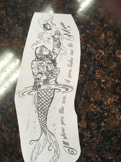 Mermaid Underwater Tattoo, Mermaid In Space Tattoo, Mermaid Astronaut Tattoo, Sea And Space Tattoo, Space Mermaid Tattoo, Floral Space Tattoo, Space Tattoos For Women, Blue Dragon Tattoo, Astronaut Tattoo