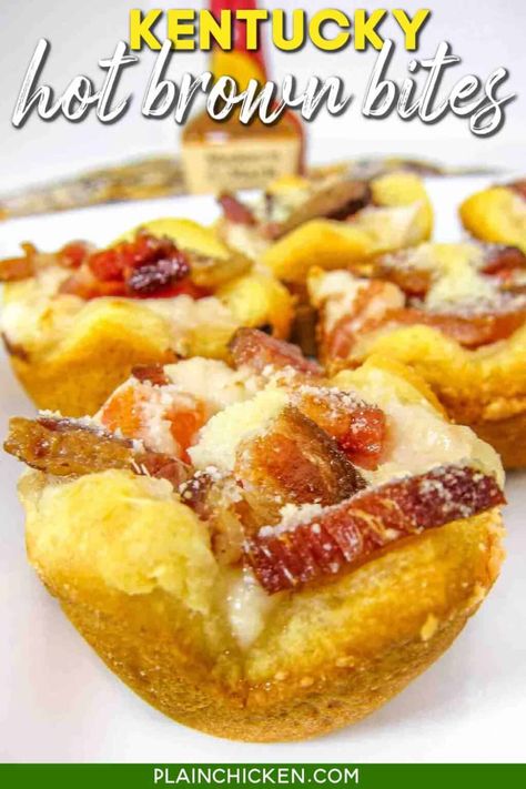 Kentucky Hot Brown Bites - All the flavors of the sandwich in a bite-size treat. Turkey, bacon, tomatoes, mornay cheese sauce, and crescent rolls baked in a mini muffin pan. Perfect for your Derby Day and holiday parties. This is a great recipe for leftover holiday turkey. #derby #kyderby #turkey #sandwich #partyfood #gameday #crescentrolls Hot Brown Bites, Crescent Roll Bake, Kentucky Derby Food, Kentucky Derby Recipes, Derby Recipe, Derby Party Food, Kentucky Hot Brown, Kentucky Derby Party Food, Derby Pie