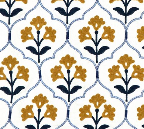 Each yard costs less as you order more.  Yardage ships free every day. This unique art deco fabric features crewel tulips and raised ogee fretwork embroidery. Its medium scale and soft white background make it an easy coordinate. Fabric: width: 50" (usable pattern) Fiber base fabric: 100% cotton Embroidery: 72% cotton, 23% acrylic, 5% viscose Ogee Pattern, Art Deco Fabric, American Traditional Tattoo, Cotton Embroidery, American Traditional, Nashville Tn, Home Decorating, Fabric Width, Soft White