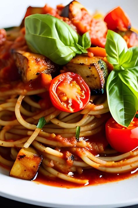 Spaghetti with Tomato Sauce and Roasted Vegetables - Vegan Focus Vegetable Spaghetti Sauce, Spaghetti With Tomato Sauce, Vegan Garlic Bread, Vegan Caesar Salad, Vegetable Spaghetti, Vegan Lunch Box, Vegan Spaghetti, Sauteed Green Beans, Easy Potato Salad