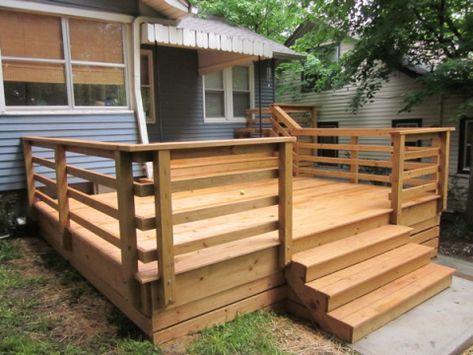 Nashville Deck Builder Deck Wood Railing Ideas, Small Raised Deck Ideas, Contemporary Front Porch Ideas, Small Wood Deck, Wooden Deck Railing Ideas, Horizontal Deck Railing, Wood Deck Railing, Deck Railing Ideas, Deck Skirting