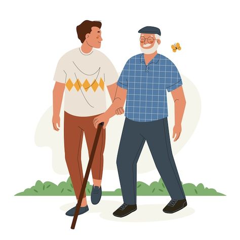 Free vector flat design young people hel... | Free Vector #Freepik #freevector #old-young #old #old-person #elderly Oldest Human, App Interface Design, People Videos, Old Person, Happy Retirement, App Interface, People Illustration, Old People, Digital Content