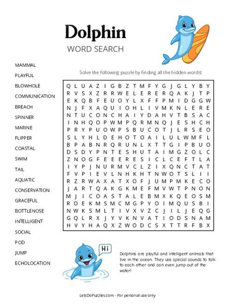 Free Printable Dolphin Word Search Dolphin Activities For Kids, Facts About Dolphins, Dolphin Facts, Word Search Puzzles Printables, Homeschool Fun, Hidden Words, Library Activities, Printable Puzzles, Word Recognition