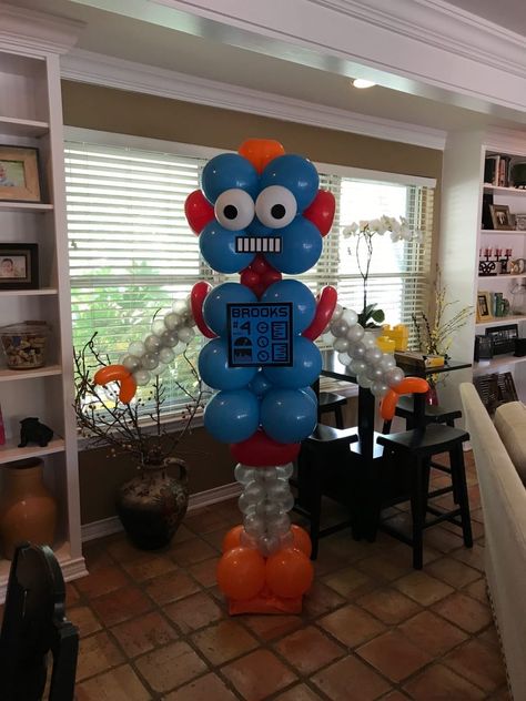 Garland Sculptures - Balloons Everyday Call Us Now 972-446-2464 Robot Balloon Decor, Robot Balloon, Robotics Decoration, Crazy Balloon Tower, Monster Truck Balloon Garland, Monster Truck Balloon Bouquet, First Birthday Balloons, Transformer Birthday, Balloon Delivery