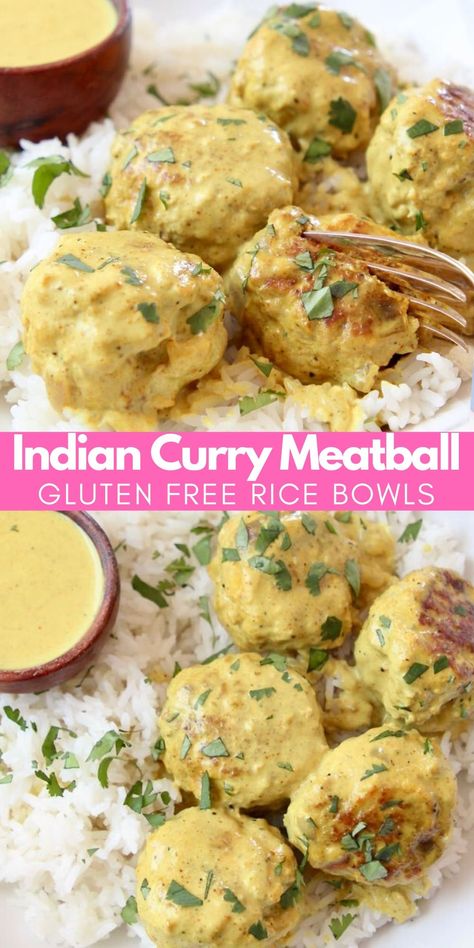 Ground Chicken And Pork Recipes, Indian Bowls Recipe, Gluten Free Indian Recipes, Meatball Rice Bowl, Yellow Curry Sauce, Gluten Free Indian Food, Indian Meatballs, Spiced Meatballs, Meatball Curry