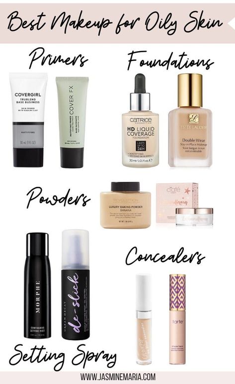 I have updated my best makeup products for oily skin. I am sharing my favorite drugstore and high-end product for primers, foundation, concealer, powder & setting spray.  #bestmakeup #bestmakeupforoilyskin #makeupforoilyskin #oilyskin #makeup #beautyforoilyskin #drugstoremakeupforoilyskin #thebestof Matte Foundation For Oily Skin, Best Makeup For Oily Skin, Makeup Products For Oily Skin, Powder Setting, Matte Make Up, Concealer Powder, Products For Oily Skin, Oily Skin Makeup, Maquillage On Fleek