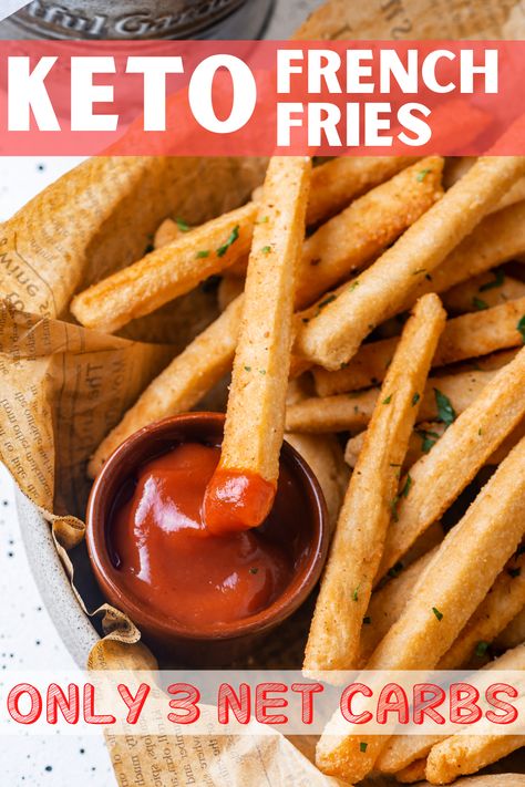 A basket of keto french fries with a small cup of ketchup at the front of the basket with a keto fry dipped in it. Keto French Fries, Keto Fries, Keto Quiche, Keto Sides, Keto Appetizers, Keto Side, Low Carb Low Fat Recipes, Desserts Keto, Postre Keto