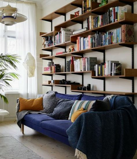 Book Shelves Above Sofa, Tee Bookshelves, Bookshelves Above Sofa, Bookshelf Over Couch, Book Shelves Above Couch, Shelving Above Sofa, Bookshelf Behind Sofa, Shelves Display Ideas, Bookshelves In Bedroom Aesthetic