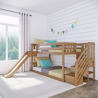 Max and Lily Mid-Century Modern Twin over Twin Low Bunk Bed - On Sale - Bed Bath & Beyond - 36911043 Slide Stairs, Kids Bed With Slide, Low Bunk Bed, Bunk Beds For Boys Room, Bunk Beds Boys, Low Bunk Beds, Kids Shared Bedroom, Bunk Bed With Slide, Bunk Beds Built In