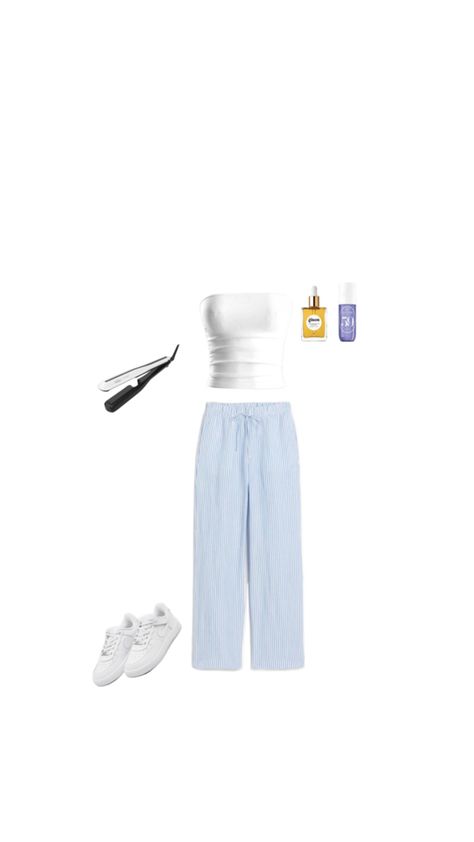 Blue And White Pants Outfit, Blue And White Outfits, White Pants Outfit, Striped Linen Pants, White Outfit, Cute Fits, White Outfits, Fit Inspo, White Pants