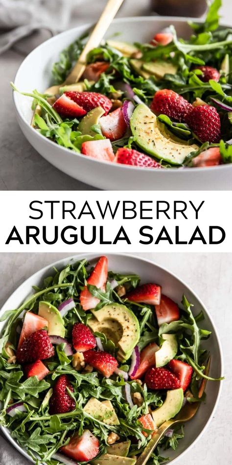 The only strawberry salad you need! Whether you’re looking for a refreshing lunch or a dish to bring to a potluck, this strawberry arugula salad is for you. This recipe is easy-to-make, quick, and most importantly, tastes delicious. #arugula #salad #summersalad #saladrecipes #strawberries Arugula Barata Salad, Arugala Recipes Salad, Argula Recipes Salad, Arugula Strawberry Salad, Strawberry Arugula Salad, Cheap Healthy Lunch, Salad With Balsamic Vinaigrette, Avocado Recipes Easy, Salad With Feta Cheese