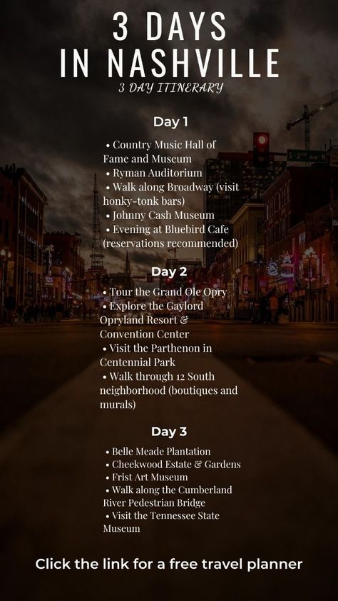 3 Days In Nashville Tennessee, Nashville To Do List, Nashville Vibes Aesthetic, Travel Visionboard, Nashville Itinerary, Travel Nashville, Free Travel Planner, Nashville Tennessee Vacation, America Holiday