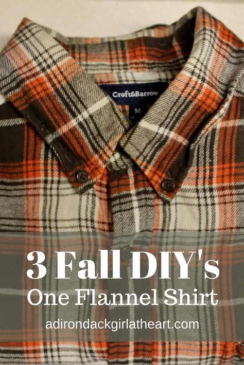 3 Fall DIY's, One Thrifted Flannel Shirt • Adirondack Girl @ Heart Flannel Crafts, Orange Paper Craft, Remaking Clothes, Bleaching Shirts, Fall Diy Projects, Flannel Fabric Projects, Fall Bunting, Flannel Shirt Refashion, Paper Craft Easy