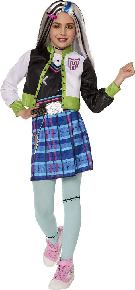 PRICES MAY VARY. 100% Polyester This officially licensed Frankie Stein costume has everything you need to stitch together the perfect look this Halloween! Frankie Stein’s signature blue dress is paired with her jacket, belt, choker, and tights. You will look positively electrifying for your next monster bash in this costume, made with easy-to-use velcro closure, which makes showing off your inner fashionista more effortless than ever! This Frankie Stein costume is made from polyester and is stit Frankie Stein Costume, Belt Choker, Make A Monster, Monster High Frankie Stein, Monster High Costume, Iconic Halloween Costumes, Monster High Frankie, Jacket Belt, Blue Tights