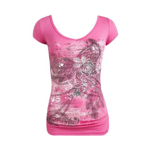 Printed Ruched V-Neck - Teen Clothing by Wet Seal ($8.99) ❤ liked on Polyvore featuring tops, t-shirts, shirts, blusas, pink, ruched shirts, ruched tee, vneck t shirts, pink v neck shirt and pink tee Thirteen Clothes, Pink Y2k Shirt, 2000s Shirts, Scene Clothing, Scene Shirt, Mcbling Fashion, Thrift Inspo, 2000s Clothes, Scene Outfits