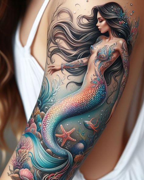 Mermaid Trident Tattoo, Underwater Tattoo Ideas, Mermaid Half Sleeve Tattoo, La Sirena Tattoo, Undersea Tattoo, Mermaid Tattoo Designs Sirens, Mermaid Sleeve Tattoo, Fairy Tattoo Sleeve, Fairy Back Tattoo