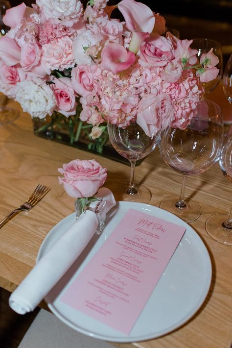 Fabulous 25 x 2 Birthday — Visions Decor Pink Floral Tablescape, Light Pink Birthday Party, Light Pink Party Decorations, Pink Wedding Menu, Pink Floral Party, Birthday Dinner Menu, Flower Dinner, Pink Wedding Receptions, Wedding Urban