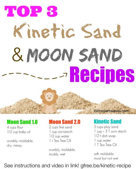 Top 3 recipes for Kinetic Sand and Moon Sand! Link includes instructional video and bonus: how to make colored kinetic sand! Vetenskapliga Experiment, Sand Recipe, Sands Recipe, Moon Sand, Diy Bebe, Recipes For Kids, Kinetic Sand, E Mc2, Toddler Fun