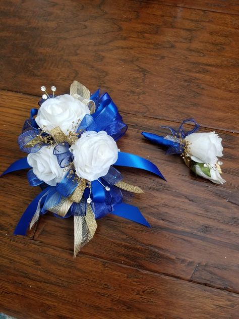 Wrist Corsage Royal Blue, Blue And Gold Corsage, Mailbox Bows, Royal Blue Wedding Cakes, Prom Things, Gold Corsage, Royal Blue Wedding Theme, Boutonniere Ideas, Prom Flowers Corsage