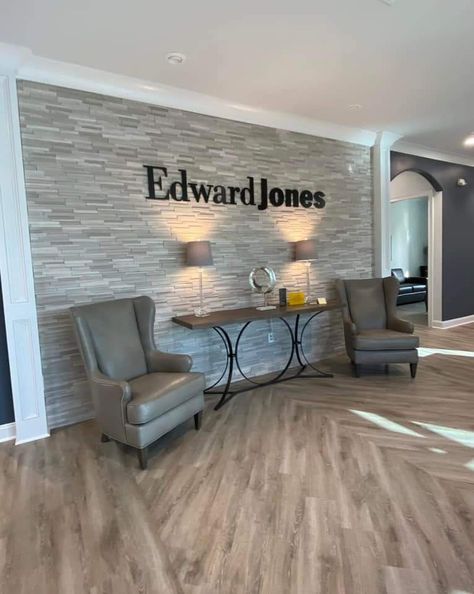 Business Foyer Decor, Small Business Lobby Design, Front Lobby Decor Reception Areas, Small Office Lobby Design Waiting Area, Financial Advisor Office Decor, Edward Jones Office Decor, Office Lobby Reception Waiting Area, Edward Jones Office, Reception Office Design