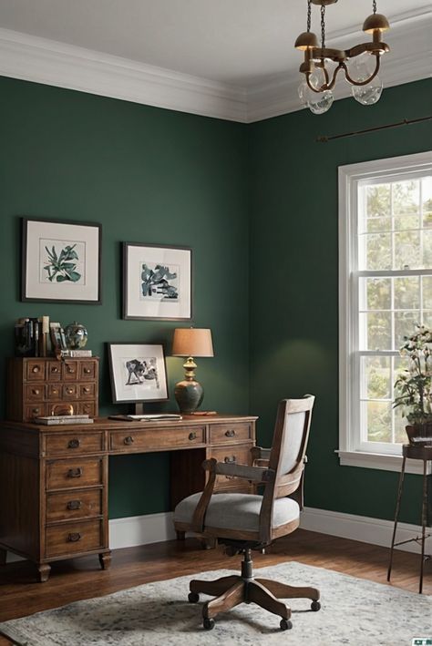 home decor interior design, interior bedroom design, kitchen designs, living room interior Dark Green And White Office, Office Decor Green Walls, Dark Green Study Room, Home Office Wall Paint, Home Office Dark Green, Hunter Green Office, Dark Green Office Ideas, Green Game Room, Office Paint Colors Home