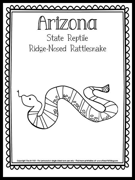 Arizona State Reptile (the Ridge-Nosed Rattlesnake!) Coloring Page {FREE Printable!} - The Art Kit Arizona Coloring Pages, Arizona Symbols, Plane Activities, Printable Road Trip Games, Me On The Map, Home Craft Room, Printable Road, Arizona History, Trip Games