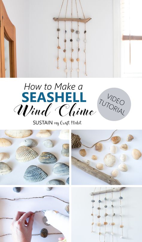 This seashell wind chime is so easy to make and can be used indoors as a coastal cottage décor idea for your bedroom wall. #coastal #coastalstyle #beachinspired #diyhome #diyhomedecor Seashell Wind Chime, Diy Nautical Decor, Carillons Diy, Seashell Wind Chimes, Make Wind Chimes, Sea Shells Diy, Coastal Cottage Decorating, Shell Wind Chimes, Wind Chimes Craft