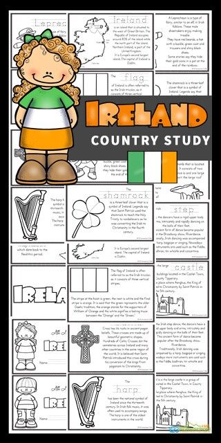 Learn about Ireland for Kids with these Free printable Ireland Mini Books. This beautiful green country, known as the Emerald Isle, is the only country that has a musical instrument - the harp - as a national symbol. Due to its history with wars, there are many castles dotted throughout the country which were used to protect families from invaders. Download the pdf file to print the book template to teach about Ireland; their way of life, the culture, landmarks and interests. They will also lear Ireland Facts, Rainbow In A Jar, Germany For Kids, Country Study, Ireland Country, Geography For Kids, History Worksheets, Country Studies, St Patrick Day Activities