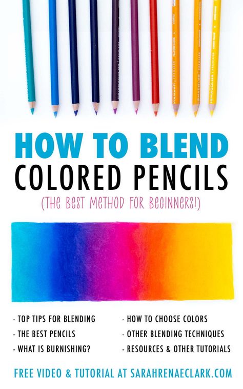 HOW TO BLEND COLORED PENCILS – An easy, beginner’s video tutorial that teaches you how to blend colored pencil with the layering and burnishing method. No solvents or blending tools required! Just a set of pencils! Follow Sarah Renae Clark on YouTube for more coloring tutorials. Pencil Crayon Blending Techniques, Blending With Colored Pencils, Color Pencil Blending Techniques, Colored Pencil Techniques Tutorials, Coloured Pencil Drawings Easy, Colored Pencil Artwork Easy, Prismacolor Blending, Coloring Hacks, Colored Pencil Blending